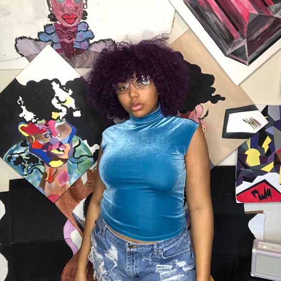 Light blue pile knit sleeveless turtleneck - Picture 1 of 4